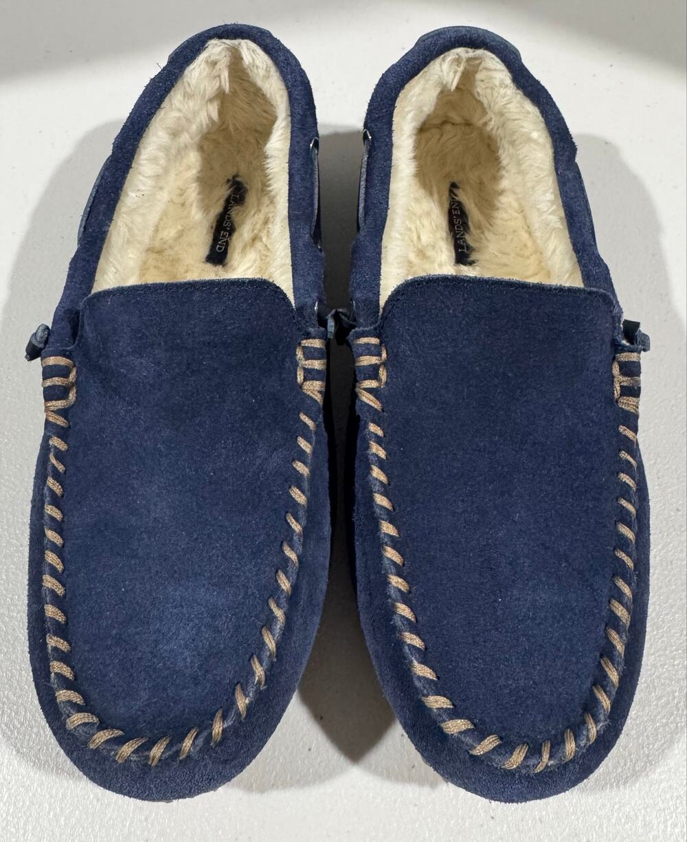 Lands' End Women’s Blue Suede Faux Fur Lined Moccasins Size 8 Cozy Luxury Winter